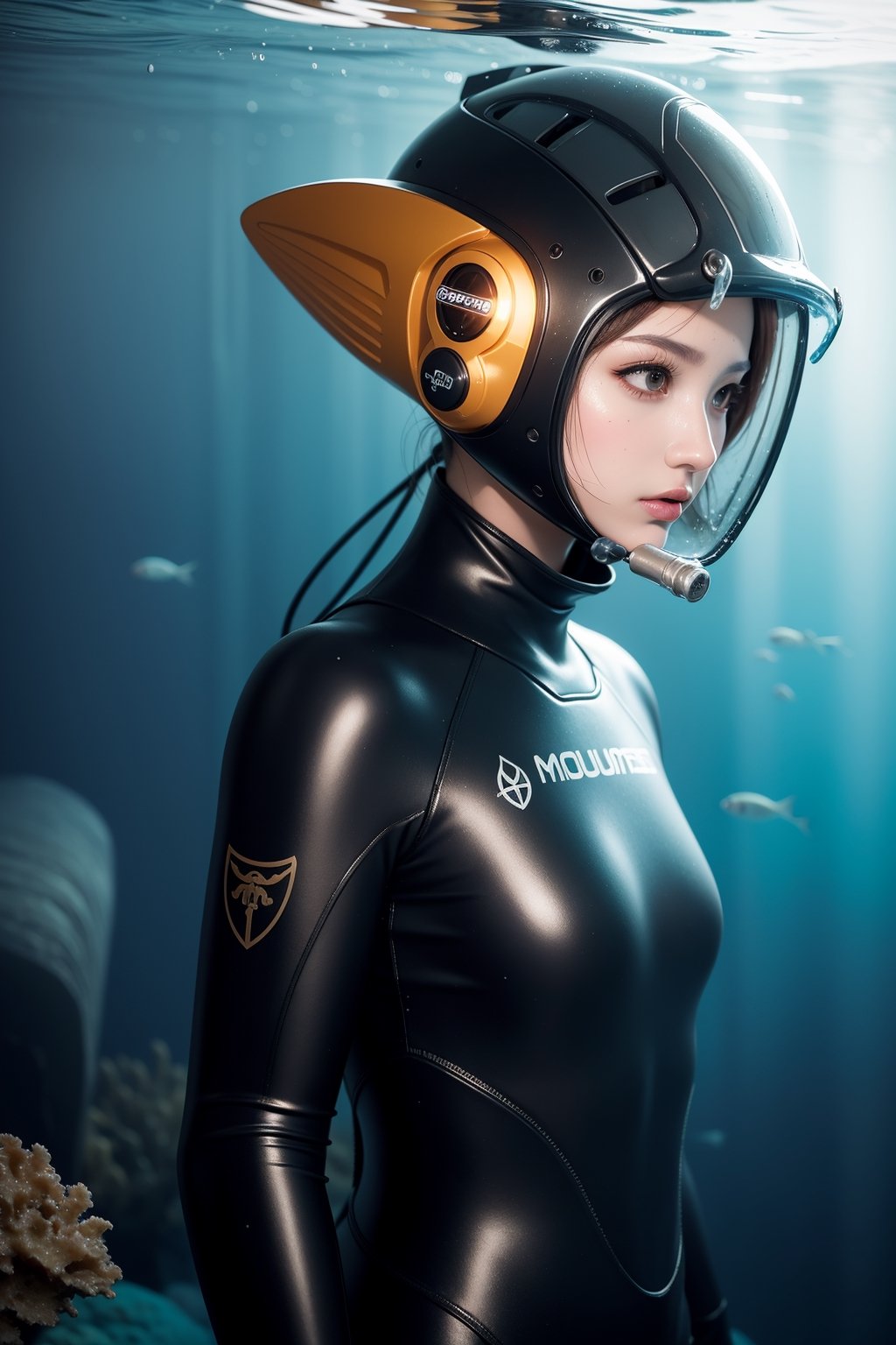 (masterpiece, best quality, CGI, official art:1.2), (mysterious deep sea explorer:1.3), (diving suit with glowing accents:1.1), (helmet with a light beam:1.2), swimming in an underwater cave, (bioluminescent corals and sea life:1.1), (holding a waterproof tablet:1.2), (background of a sunken ship:1.1), (schools of colorful fish swimming around:1.2), (soft, filtered light from above:1.1), (ancient underwater ruins:1.2), serene and mysterious atmosphere, rich textures, close-up, side view, curious expression, vibrant, cool and mystical colors, detailed texture on suit, enigmatic ambiance.