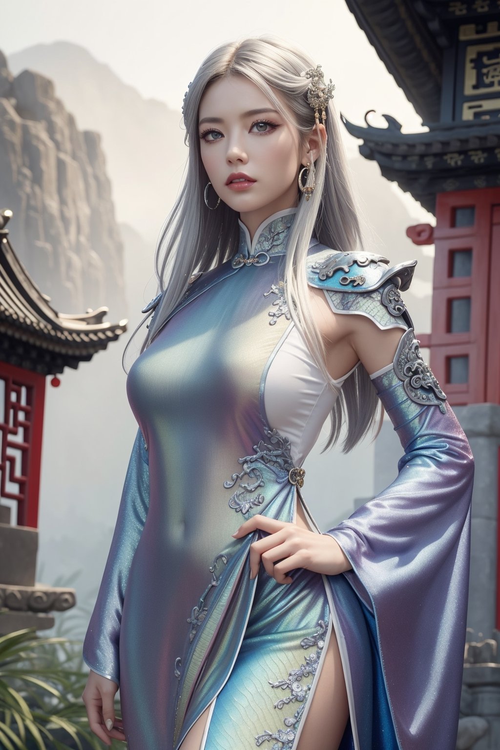 (masterpiece, 8K, UHD, photorealistic:1.3), majestic dragon girl, (vibrant iridescent scales:1.4), piercing sapphire eyes, (long flowing silver hair:1.3), wearing (exquisite ancient Chinese armor:1.2) with intricate dragon motifs, standing amidst a breathtaking (ancient dragon temple:1.2) with sprawling gardens, misty waterfalls, and mystical energy aura, warm golden light, subtle magic sparks, dynamic angle, looking at viewer, fierce determination, vibrant colors, epic atmosphere