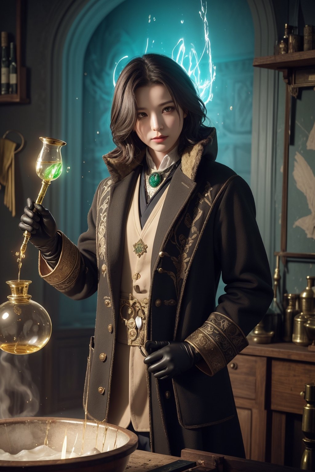 (masterpiece, high resolution, digital art:1.3), (mysterious arcane alchemist:1.2), (short, tousled hair with streaks of green and gold:1.2), (penetrating eyes that shimmer like liquid mercury:1.1), wearing a long, flowing coat that seems to shift colors, (pockets overflowing with mystical artifacts and ingredients:1.1), (gloves that spark with alchemical energy:1.2), standing in a cluttered workshop filled with ancient tomes and glowing potions, (flasks bubbling with colorful liquids:1.1), (mystical symbols etched into the walls:1.2), surrounded by a soft, greenish glow emanating from a central cauldron, (holding a magnifying glass examining a rare ingredient:1.1), intense and focused demeanor, (voice that resonates with arcane knowledge:1.2), vibrant and rich colors, atmosphere filled with mystery and ancient wisdom, looking intently at an experiment, embodying the pursuit of forbidden knowledge, ultra high res, intricate details in the coat, gloves, and the alchemical workshop.