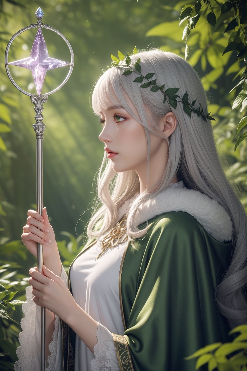 (masterpiece, UHD, illustration, detailed:1.3), (mystical forest guardian:1.2), (long, flowing silver hair:1.1), (emerald green eyes:1.2), standing in an enchanted forest, ancient trees, (wearing a cloak made of leaves and vines:1.1), (carrying a staff with a glowing crystal:1.2), (surrounded by magical creatures like unicorns and fairies:1.1), (soft, ambient light filtering through the canopy:1.2), (mystical runes on the trees:1.1), serene and powerful atmosphere, rich textures, close-up, side view, gentle yet firm expression, vibrant, cool and mystical colors, detailed texture on cloak, magical ambiance.