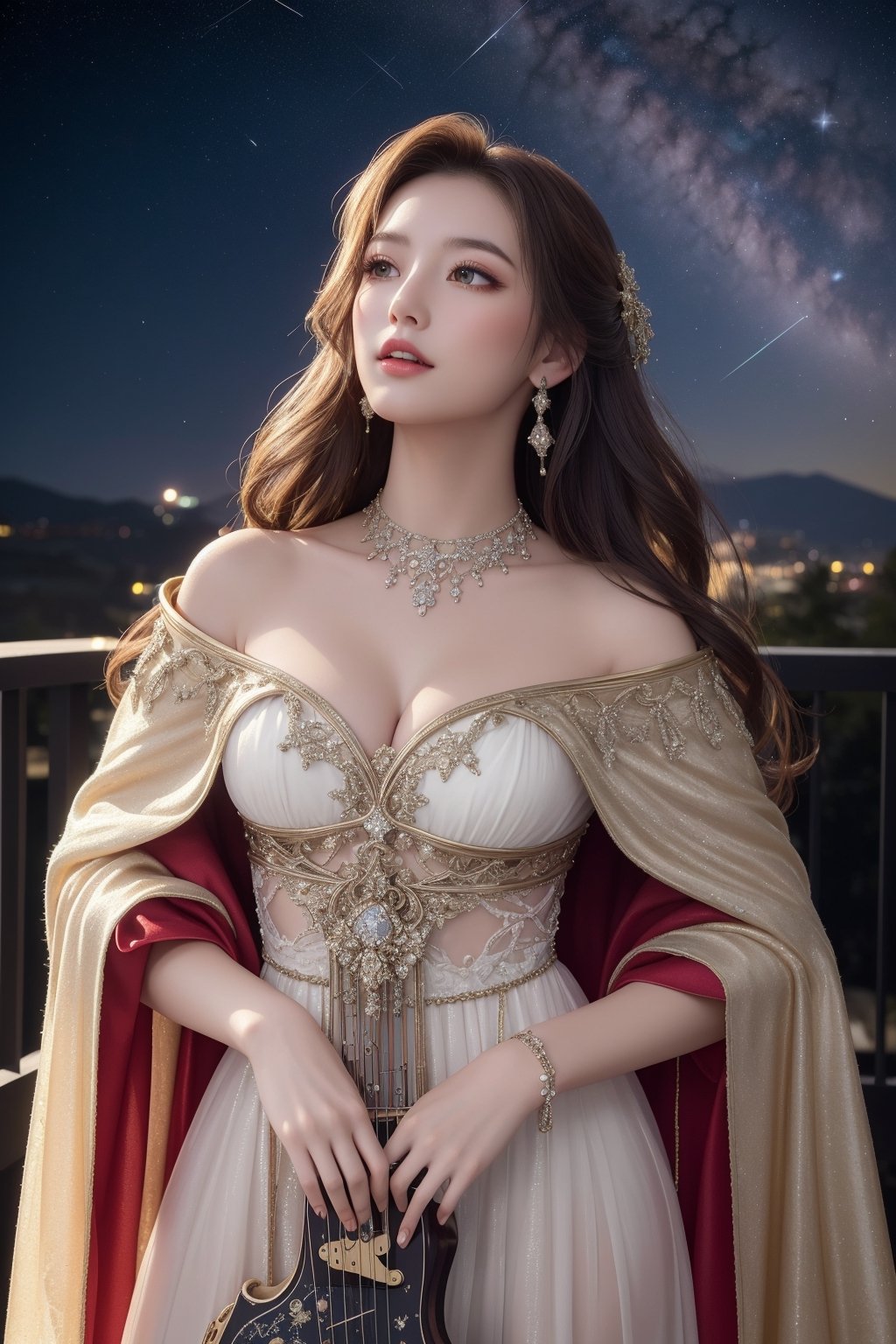 (masterpiece, high resolution, digital art:1.3), (enchanting celestial bard:1.2), (long wavy hair with hues of twilight:1.2), (sparkling eyes that reflect the cosmos:1.1), dressed in an outfit that blends the elegance of the stars, (gown adorned with patterns of constellations:1.1), (cloak that seems to be woven from the night sky:1.2), (glowing jewelry that pulsates with celestial energy:1.1), (carrying a lyre that plays melodies of the universe:1.2), standing on a balcony under the starlit sky, (distant planets visible in the backdrop:1.1), (comets streaking across the night:1.2), serene and mesmerizing demeanor, (voice that sings the songs of the stars:1.1), vibrant yet soothing colors, ethereal and dreamlike atmosphere, looking up at the celestial wonders, embodying the harmony of the universe, ultra high res, intricate details in the gown, lyre, and the cosmic backdrop.