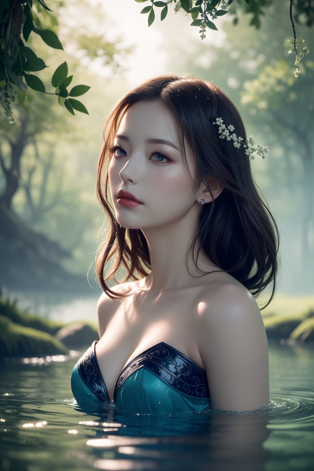 (masterpiece, UHD, illustration, detailed:1.3), (a serene and tranquil spring landscape:1.2), (the spring water glowing with a mysterious purple light:1.1), (creating a dreamlike atmosphere:1.2), (reflecting the face of a woman:1.1), (her beauty enough to topple empires:1.2), (a misty vapor adding a touch of vitality to her complexion:1.1), (her shoulders like fine jade:1.2), (dewdrops shimmering on her skin:1.1), (the scene filled with mystery and elegance:1.2), (a transcendent beauty:1.1), (soft, ambient light enhancing the mystique:1.2), vibrant, cool and ethereal colors, detailed texture on the water, enchanting and sublime ambiance.