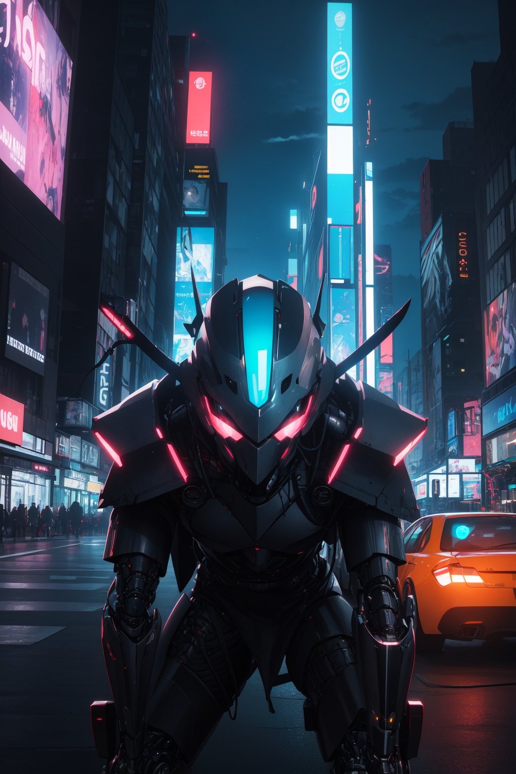 (masterpiece, high resolution, CGI:1.3), futuristic samurai, (cybernetic enhancements:1.2), (armor with neon accents:1.1), (katanas with glowing hilts:1.2), (tactical helmet with visor:1.3), (flexible armor plating:1.1), (digitized cloak:1.1), (mechanical arm:1.2), (intense gaze:1.1), (dynamic pose:1.1), (neon-lit urban landscape:1.2), (futuristic cityscape:1.1), (hovering vehicles:1.1), (electronic billboards:1.1), (vivid neon colors:1.1), (nocturnal atmosphere:1.2), (mid-action portrait:1.1), (detailed and immersive background:1.2)