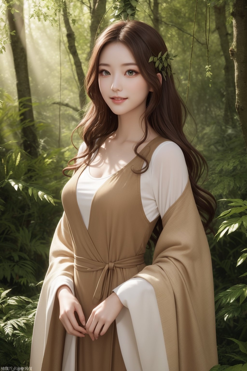 (masterpiece, best quality, CGI:1.2), stunning earth elemental girl, (skin with a warm, earthy tone:1.3), piercing emerald eyes, (long, curly brown hair:1.2) with vines and leaves woven into it, wearing a (natural, earthy attire:1.2) made of living plants and wood, standing amidst a breathtaking (lush forest landscape:1.2) with ancient trees, glowing mushrooms, and subtle magic aura, warm sunlight filtering through the canopy, dynamic angle, looking at viewer, gentle smile, vibrant colors, serene atmosphere