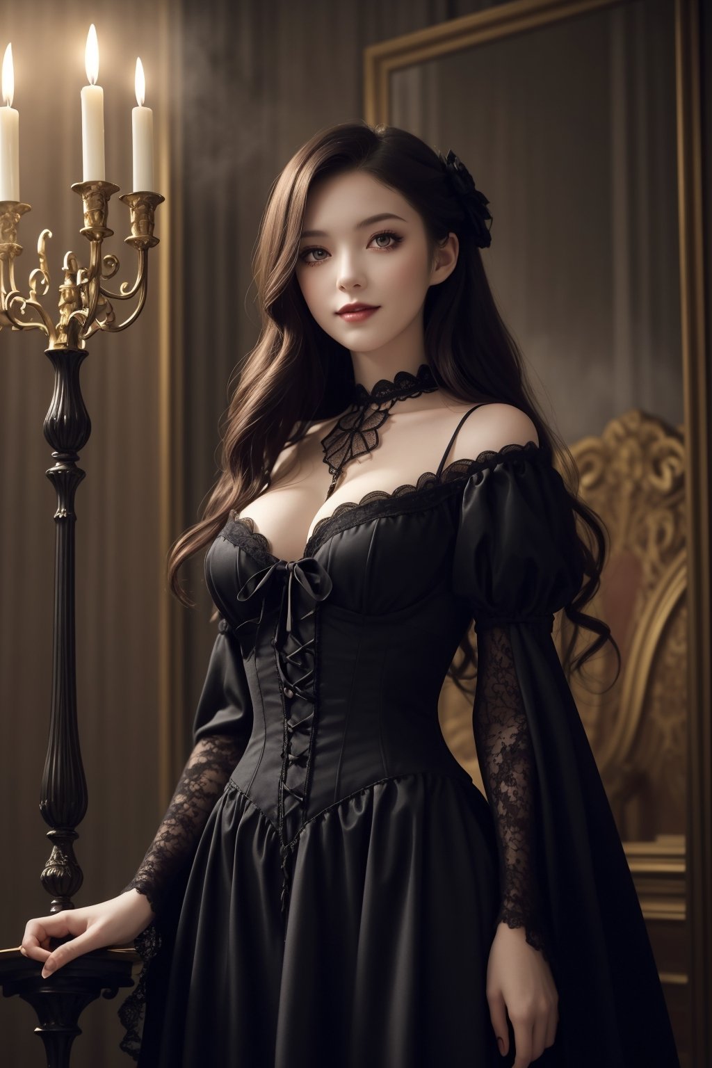 (masterpiece, illustration, official art:1.2), enchanting vampire girl, (pale skin:1.3), piercing crimson eyes, (long curly black hair:1.2), wearing a (luxurious Victorian-style dress:1.2) with intricate lace and velvet, standing in a dimly lit (gothic chamber:1.2) with candelabras, mysterious artifacts, and subtle misty atmosphere, warm golden lighting, dynamic angle, looking at viewer, seductive smile, vibrant colors, eerie atmosphere