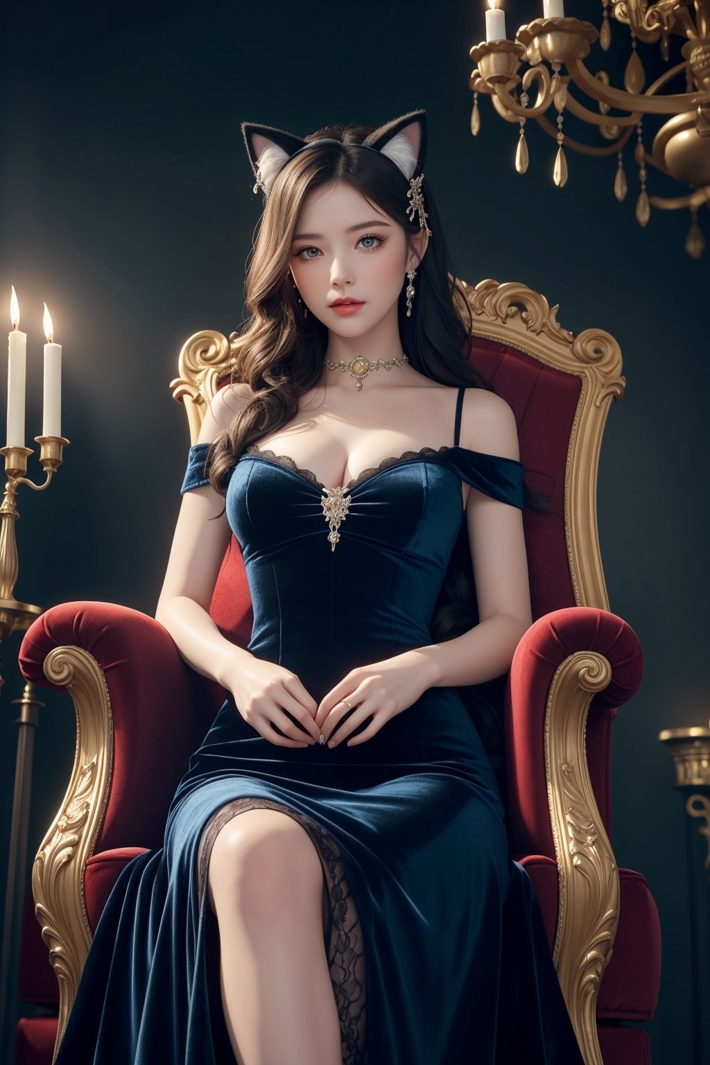 (masterpiece, UHD, illustration, detailed:1.3), beautiful cat girl, (long fluffy cat ears:1.3), piercing emerald eyes, (soft curly black hair:1.2), wearing (elegant Victorian-style dress:1.1) with lace and ribbons, sitting on a lavish (velvet throne:1.2) in a mysterious (dark luxury chamber:1.2) with candelabras, intricate tapestries, and mystical artifacts, soft warm lighting, subtle misty atmosphere, dynamic angle, looking down at viewer, regal demeanor, richly textured wallpaper