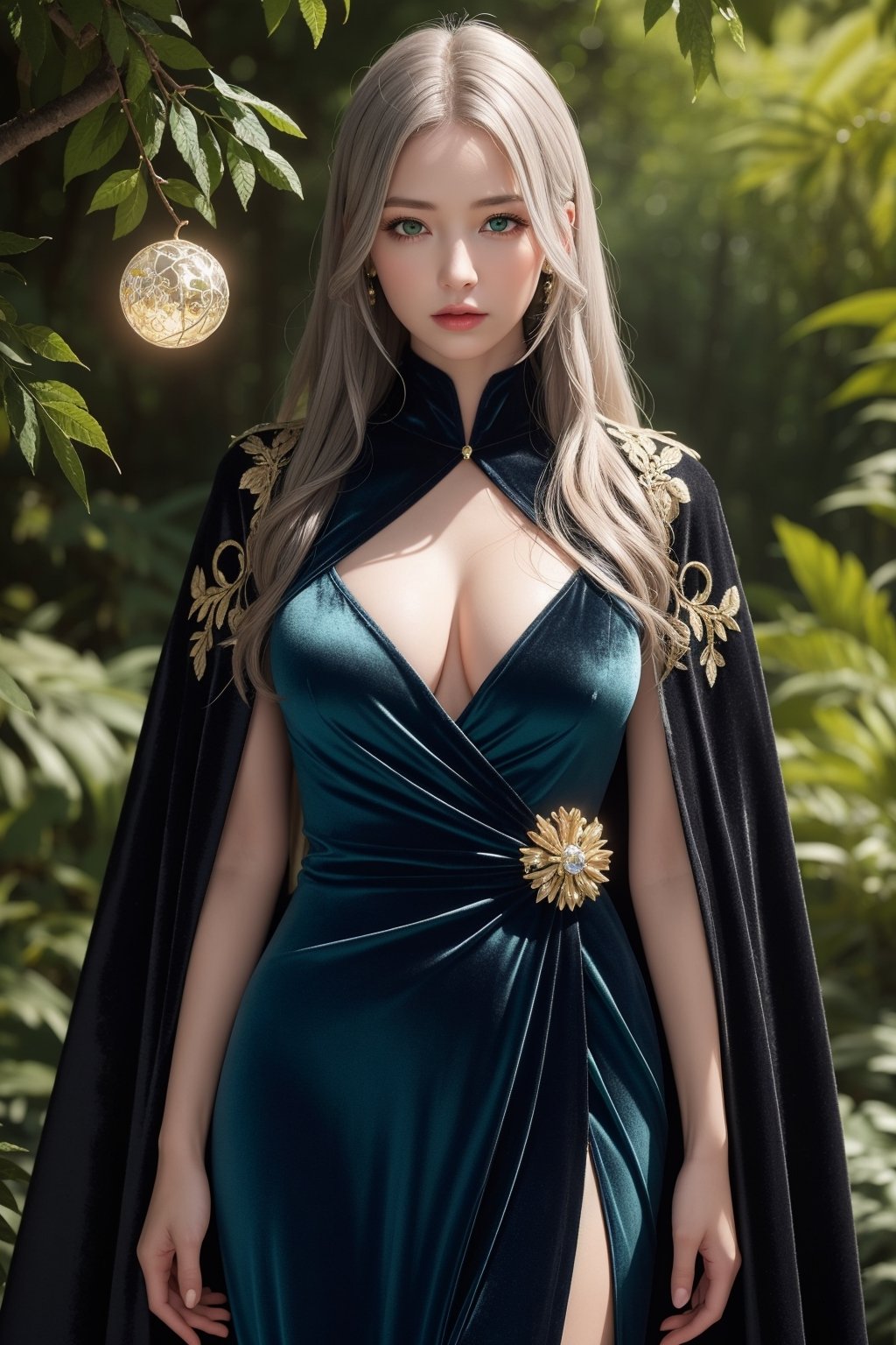 (masterpiece, 8K, UHD, photorealistic:1.3), mysterious sorceress, long curly silver hair, (piercing emerald eyes:1.2), draped in (intricate velvet cloak:1.1) with golden embroidery, holding glowing crystal orb, standing amidst (luscious trees, huge shrubbery:1.2), twisted vines, and misty fog, warm sunlight filtering through leaves, richly textured ancient stones, subtle magic sparks, dynamic angle, looking down at viewer, intense focus, vibrant colors, eerie atmosphere