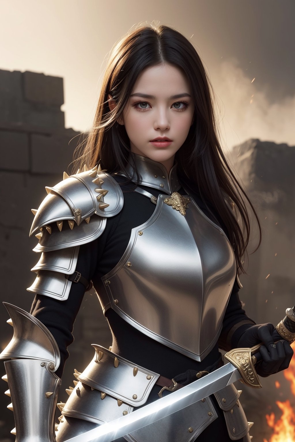 (masterpiece, 8K, UHD, photorealistic:1.3), powerful female general, (short, spiky black hair:1.2), piercing brown eyes, (imposing armor:1.3) with golden accents and intricate designs, holding a (mighty sword:1.4) with a ornate hilt, standing amidst a chaotic (battlefield landscape:1.2) with flames, smoke, and destruction, warm golden lighting, dynamic angle, looking at viewer, determined expression, vibrant colors, intense atmosphere