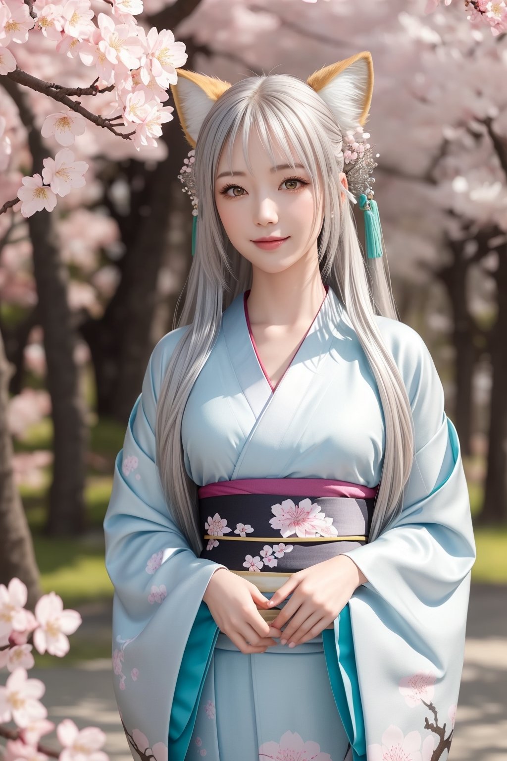 (masterpiece, best quality, CGI:1.2), stunning fox goddess, (nine fluffy tails:1.4), piercing golden eyes, (long flowing silver hair:1.3), wearing (exquisite traditional Japanese kimono:1.2) with intricate designs, standing amidst a mystical (Japanese cherry blossom forest:1.2) with glowing lanterns, soft pink petals falling, warm sunset light, subtle magic aura, dynamic angle, looking at viewer, enigmatic smile, vibrant colors, serene atmosphere