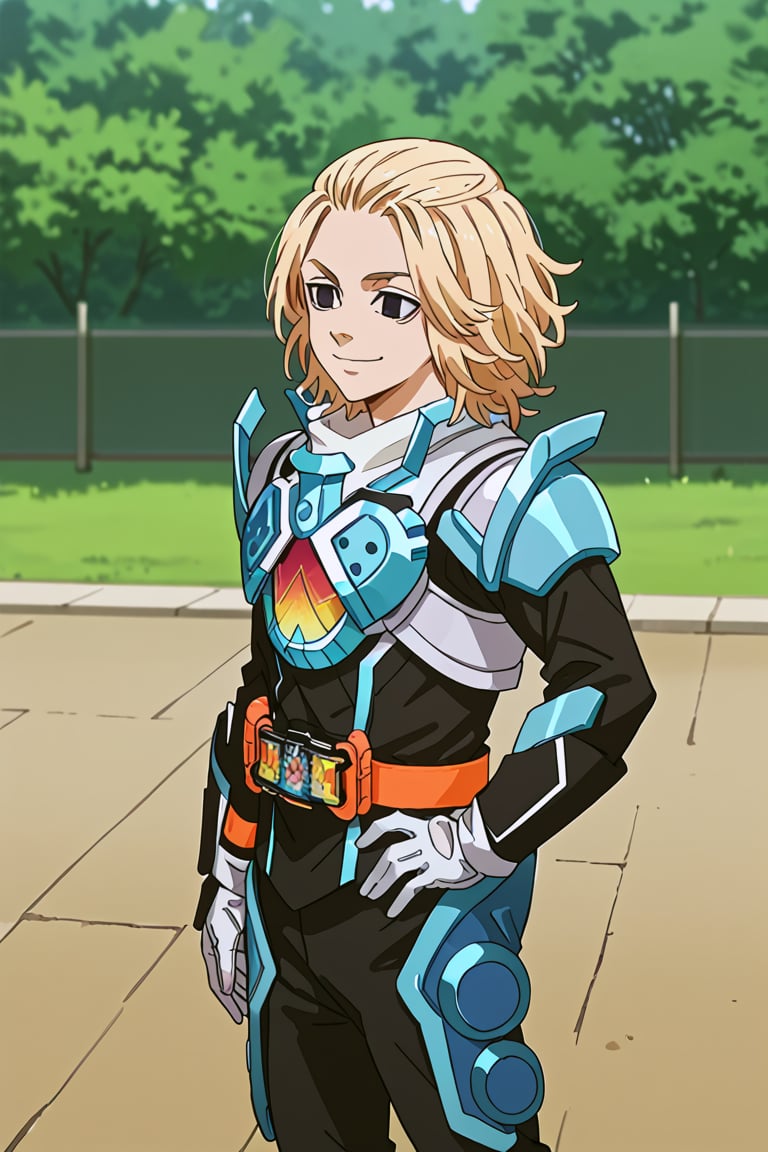 score_9, score_8_up, score_7_up, source_anime, 1boy, solo, blonde hair, manjirou_sano, black eyes, medium hair, empty eyes, kamenridergotchard, blue armor, gloves, outside, smile, hand_on_hip