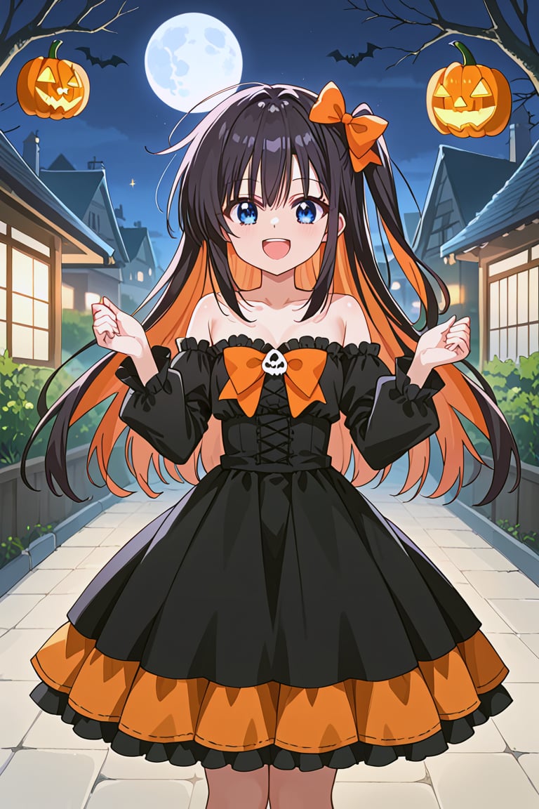 score_9, score_8_up, score_7_up, source_anime, 1girl, solo, mitsuki mononobe, black hair, long hair, one side up, blue eyes, orange hair bow, halloween_costume, black dress, strapless dress, long sleeves, flounce_skirt, outside, smile, open mouth, :d, arms_up, arms_raised, night, moon