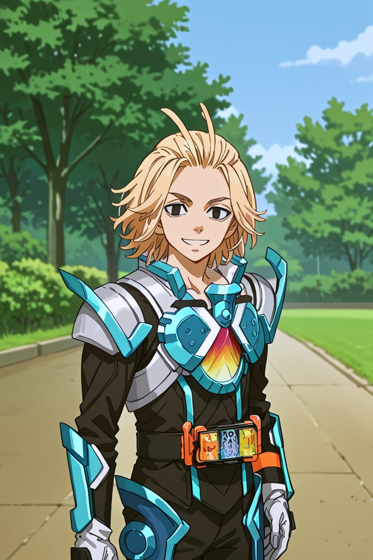 score_9, score_8_up, score_7_up, source_anime, 1boy, solo, blonde hair, manjirou_sano, black eyes, medium hair, empty eyes, kamenridergotchard, blue armor, gloves, outside, smile, hand_on_hip