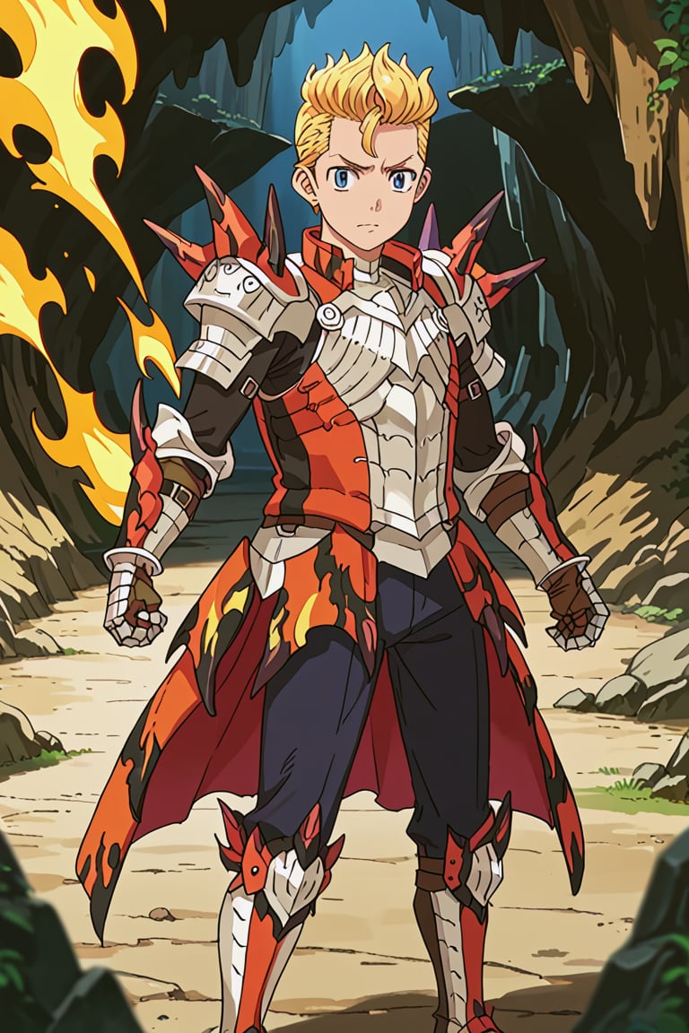 score_9, score_8_up, score_7_up, source_anime, 1boy, solo, takemichi_hanagaki, blonde hair, blue eyes, faux hawk, armor, rathalos armor, spikes, gauntlets, standing, outside, cave, flames