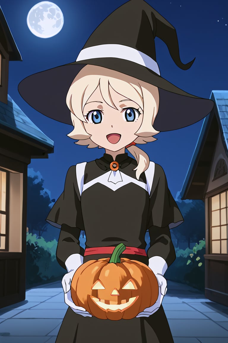 score_9, score_8_up, score_7_up, high quality, anime_screencap, anime coloring, source_anime, 1girl, solo, gage-emily, blonde hair, short hair, low ponytail, blue eyes, witch, hat, witch hat, dress, halloween, halloween costume, jewelry, standing, smile, open mouth, outside, night, moon, beautiful_female_fingers, perfect hands, detailed hands, beautiful hands, looking_at_viewer, sweets, pumpkin, holding_object