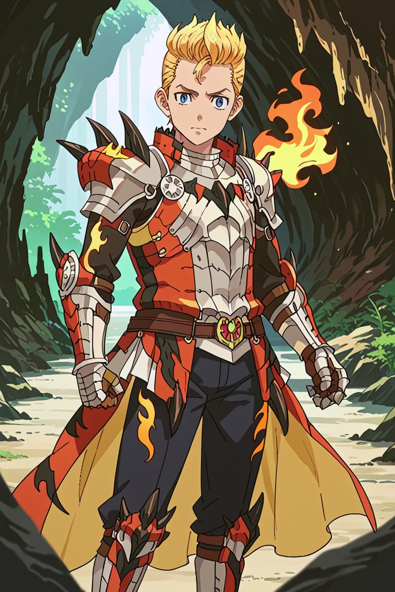 score_9, score_8_up, score_7_up, source_anime, 1boy, solo, takemichi_hanagaki, blonde hair, blue eyes, faux hawk, armor, rathalos armor, spikes, gauntlets, standing, outside, cave, flames