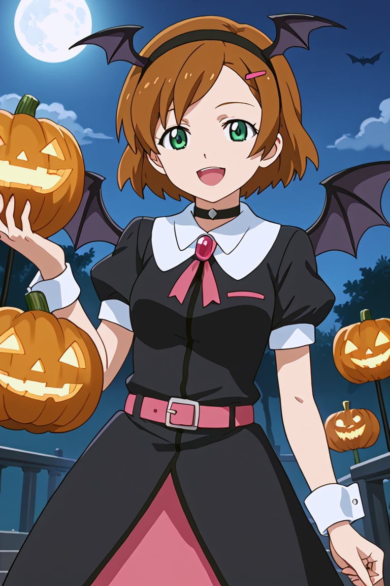 score_9, score_8_up, score_7_up, high quality, anime_screencap, anime coloring, source_anime, 1girl, solo, gage-romary, brown hair, short hair, hair ornament, green eyes, magical_girl, hairband, head_wings, succubus, choker, black dress, halloween_costume, puffy sleeves, short sleeves, wrist cuffs, bat_wings, miniskirt, standing, smile, open mouth, outside, night, moon, bat, pumpkins, beautiful_female_fingers, perfect hands, detailed hands, beautiful hands, looking_at_viewer, staff, holding_weapon