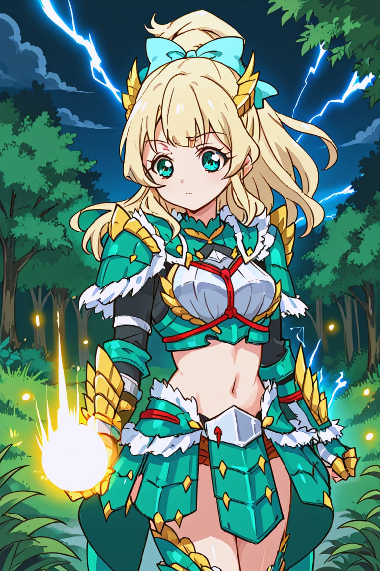 score_9, score_8_up, score_7_up, aikatsu, 1girl, solo, hime shiratori, blonde hair, high ponytail, long hair, (bangs:1.3), aqua eyes, light blue hair bow, Zinogre armor, long sleeves, cyan gauntlets, outside, forest, standing, clenched_hand, night, lightning, thunder