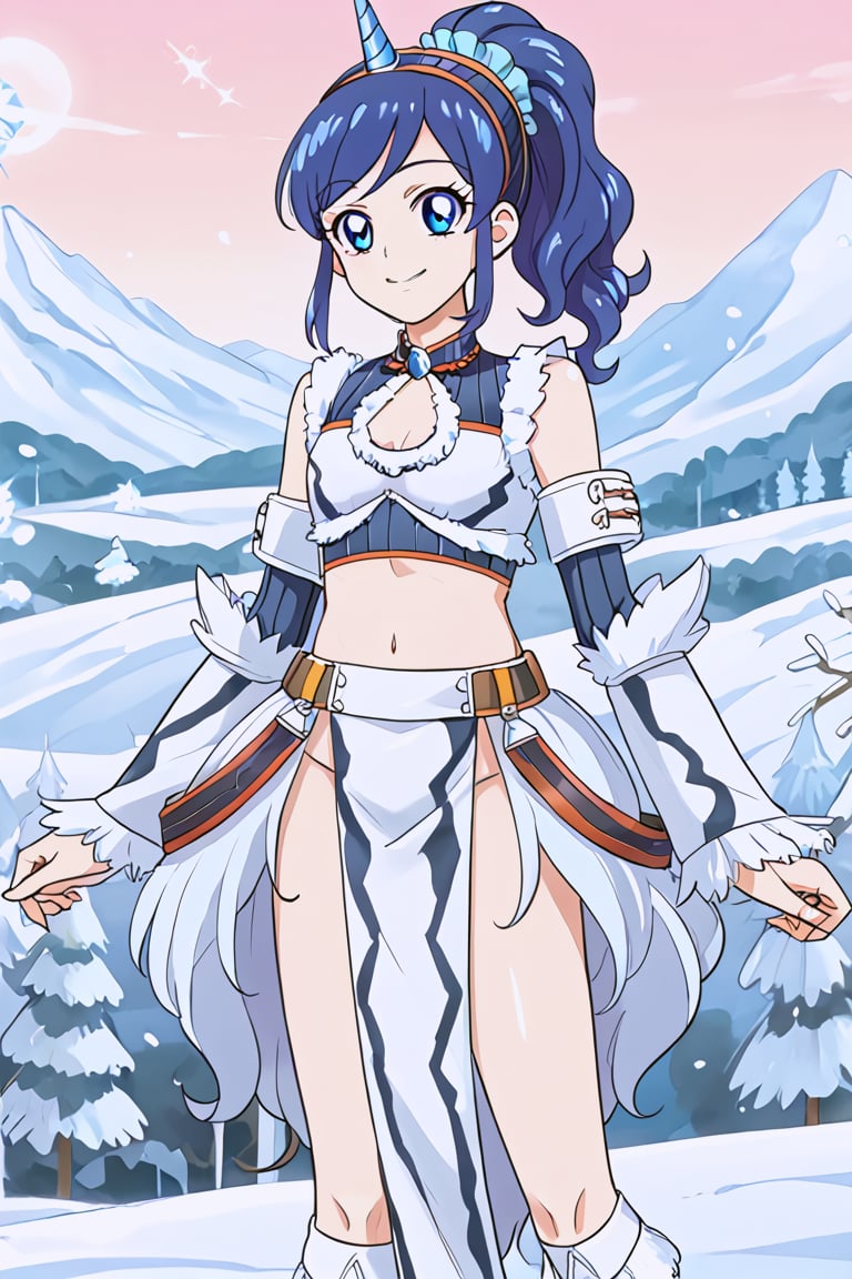 score_9, score_8_up, score_7_up, anime_screencap, aikatsu, 1girl, solo, kiriya aoi, blue hair, blue eyes, side ponytail, long hair, hair scrunchie, blue scrunchie, goushu kirin armor, white single horn hairband, white loincloth, white detached sleeves, white bandeau, standing, smile, outside, snowy, mountain