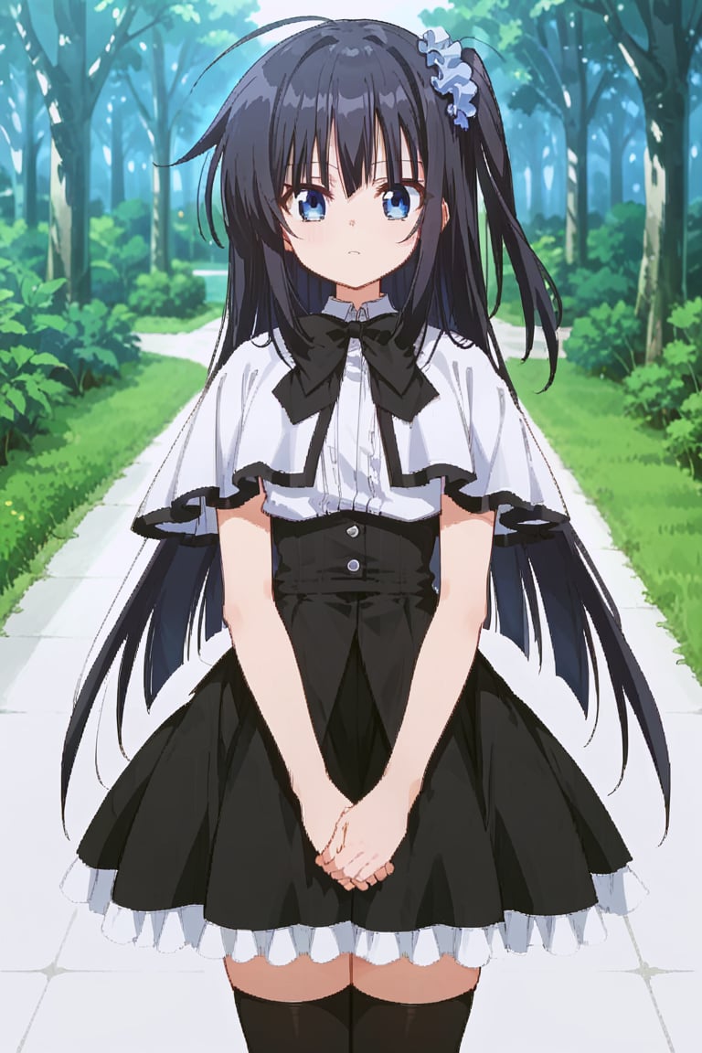 score_9, score_8_up, score_7_up, source_anime, 1girl, solo, mitsuki mononobe, black hair, long hair, one side up, blue eyes, hair_ornaments, blue scrunchie, black bowtie, white clothes, capelet, black skirt, black thighhighs, outside, park, beautiful_female_fingers, perfect hands, detailed hands, beautiful hands