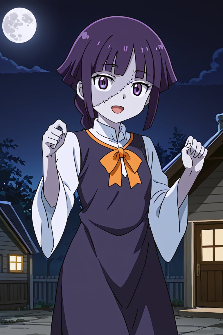 score_9, score_8_up, score_7_up, high quality, anime_screencap, anime coloring, source_anime, 1girl, solo, GAGE-yurin, purple hair, long single braid, purple eyes, orange ribbon, zombie, colored skin, stitches, grey skin, multicolored skin, stitched face, zombie pose, halloween, halloween costume, dress halloween, indigo dress, long sleeves, wide sleeves, collared_dress, skirt, torn_clothes, open mouth, outside, night, moon, beautiful_female_fingers, perfect hands, detailed hands, beautiful hands, looking_at_viewer