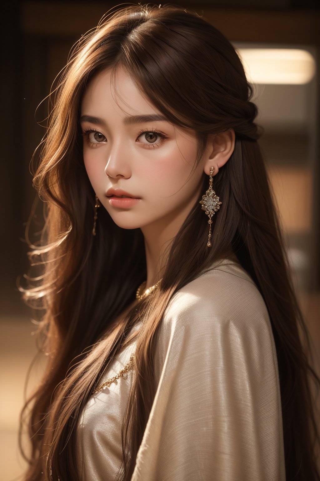  sdmai, fanhua, 1girl, solo, long hair, jewelry, earrings, looking at viewer, blurry, lips, realistic, brown hair, hoop earrings, depth of field, brown eyes
