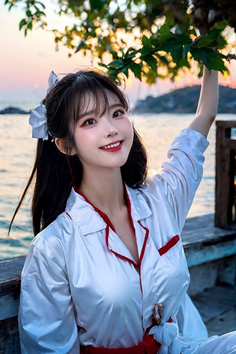 A Taiwanese girl, real skin style, delicate face, happy smile, majestic bust, stretching with arms outstretched, wearing black, white and red silk pajamas, in a sea view room facing the blue sea, the first row of sea view, the ethereal and poetic moment of sunlight and sailboats interweaving, bokeh style, the background presents a warm twilight of autumn maple forest.