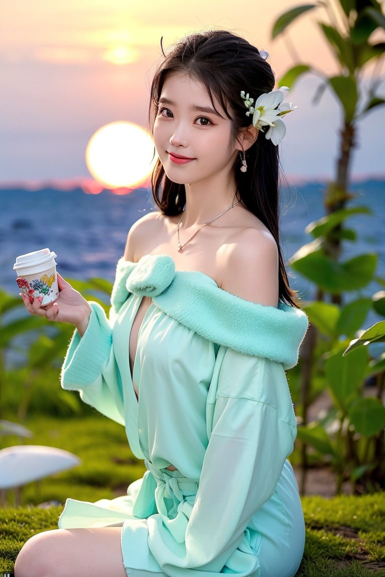 A Taiwanese girl, with real skin style, delicate face, majestic and proud upper body, ethereal and extraordinary feeling, wearing off-shoulder chiffon silk pajamas and a dreamy coat, in a warm morning, with a shy smile in spirit, sitting on the white beach, drinking coffee, with colorful petals flying around her, watching the yellow-blue light of sunrise, the bright green fields and blue sea, enjoying the feeling of being in a paradise at the moment