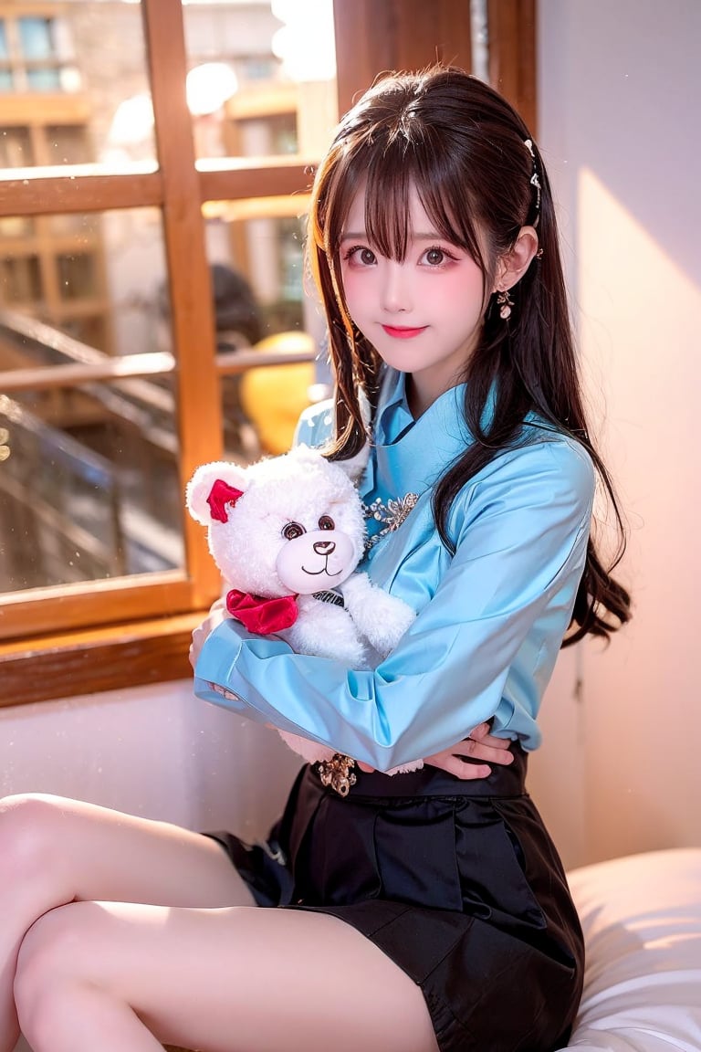 A 27-year-old Taiwanese girl, with a majestic bust, real skin style, delicate face, brown hair, cute European and Japanese girl, Internet idol, angelic face, wearing a plain stand-up collar short-sleeved shirt and a black pleated skirt, holding a book in her arms, looking pure, gentle and innocent, her squinting smiling eyes show her kindness, her expression comforts the viewer, brings joy and bright feelings, creates a beautiful day, she allows us to eliminate worries, drive away anxiety, full of positive atmosphere and energy, the background presents an ethereal and extraordinary feeling