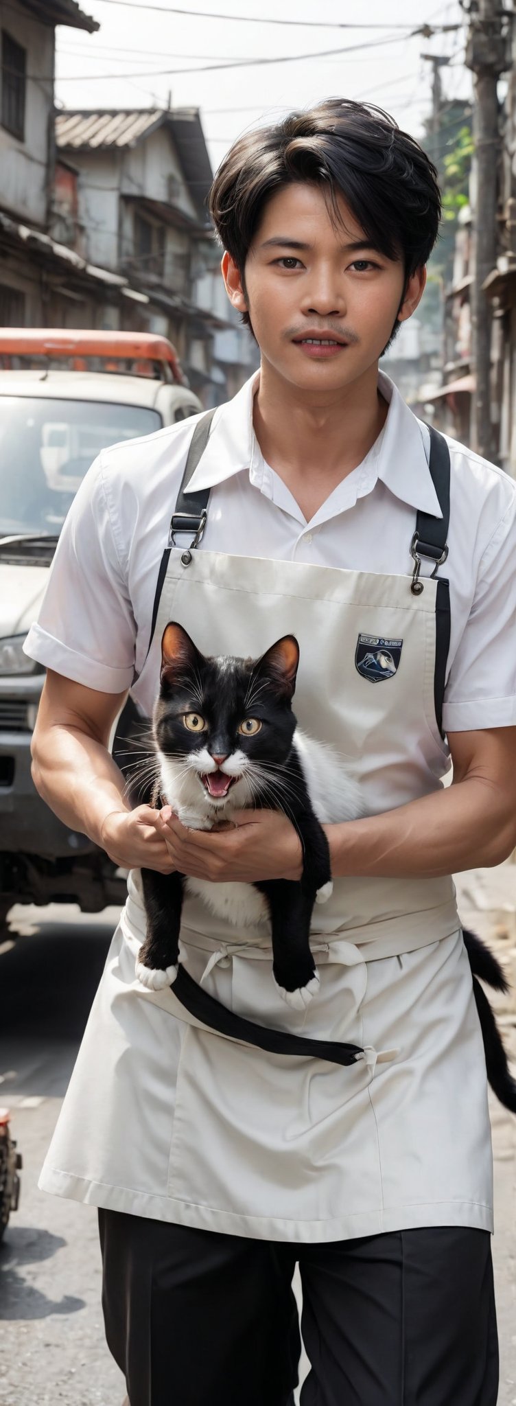 open mouth, shirt, black hair, 1boy, holding, white shirt, male focus, outdoors, teeth, apron, animal, cat, ground vehicle, motor vehicle, fish, realistic, road, holding animal, street, photo background