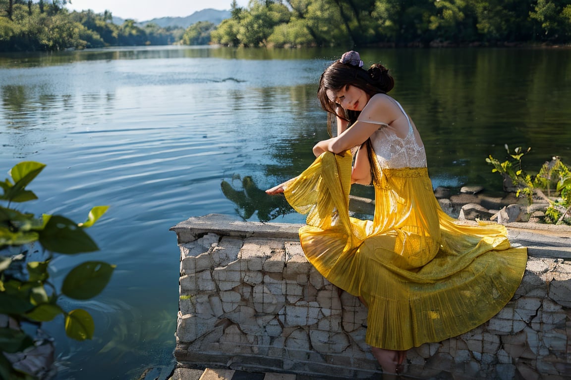 A Taiwanese girl, wearing a yellow gauze nightgown, with a real skin style, a delicate face, and a majestic bust, sits by the lake and looks quietly in front of her. The background presents an ethereal and otherworldly feeling.