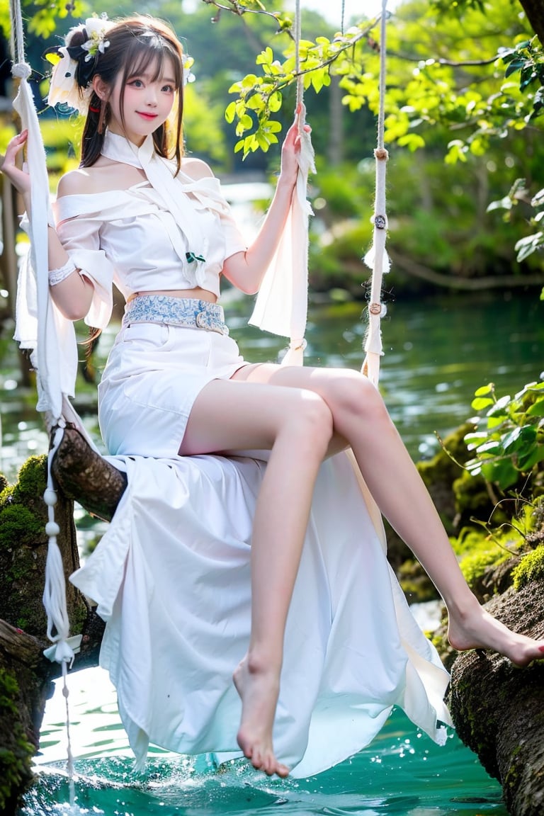 A Taiwanese girl, wearing a white off-shoulder chiffon dress, short jeans, real skin style, smiling happily, delicate skin face, the focus is on the girl sitting on a swing suspended in the air, swinging, there is a big tree pole covered with colorful beautiful flowers, petals flying around, clouds lingering around, toes almost touching the sea of ​​clouds, breeze blowing hair. The world is vast, the sun is warm, the beautiful scenery of mountains and seas in front of her fills her heart with tranquility and leisure, panoramic appearance.