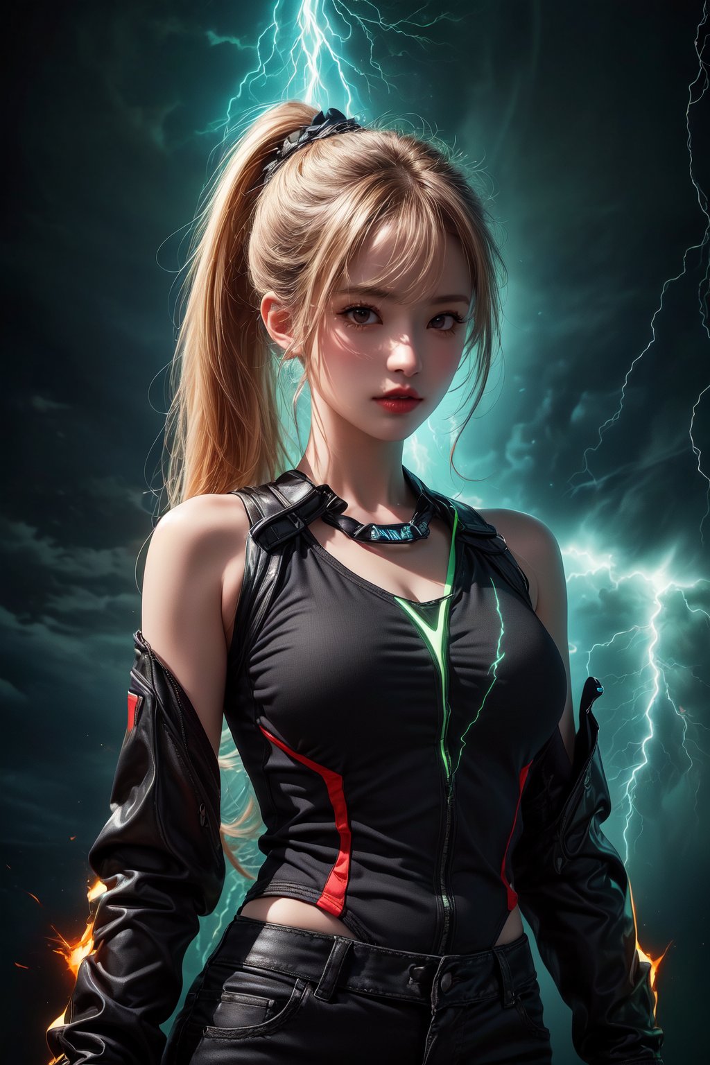 (masterpiece, high quality:1.5), (8K, HDR), masterpiece, best quality, 1girl, solo, upper body, FuturEvoLab style, black background, FuturEvoLab-girl, FuturEvoLabStyle:1.5, Thunder Flash, Lightning aura, Lightning, 