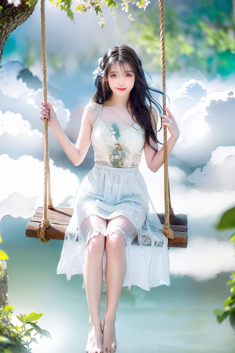 A Taiwanese girl, wearing a white off-shoulder chiffon dress, short jeans, real skin style, smiling happily, delicate skin face, the focus is on the girl sitting on a swing suspended in the air, swinging, there is a big tree pole covered with colorful beautiful flowers, petals flying around, clouds and mist lingering around, toes almost touching the sea of ​​clouds, breeze blowing her hair. The world is vast, the sun is warm, the beautiful scenery of mountains and seas in front of her fills her heart with tranquility and leisure, panoramic appearance, wide-angle lens shooting from bottom to top.