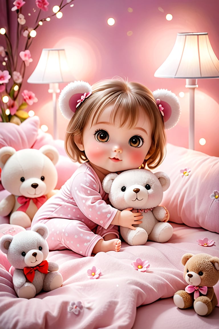 Flowers bloom, A beautiful adorable little baby girl, big beautiful charming eyes, wearing pink and white pajamas hug a cute small fuzzy bear toy lying in the soft bed, lamps lighting soft, so sweet and playful and enjoy, charming.lovely portrait photography, flowers bloom bokeh background, depth of field.