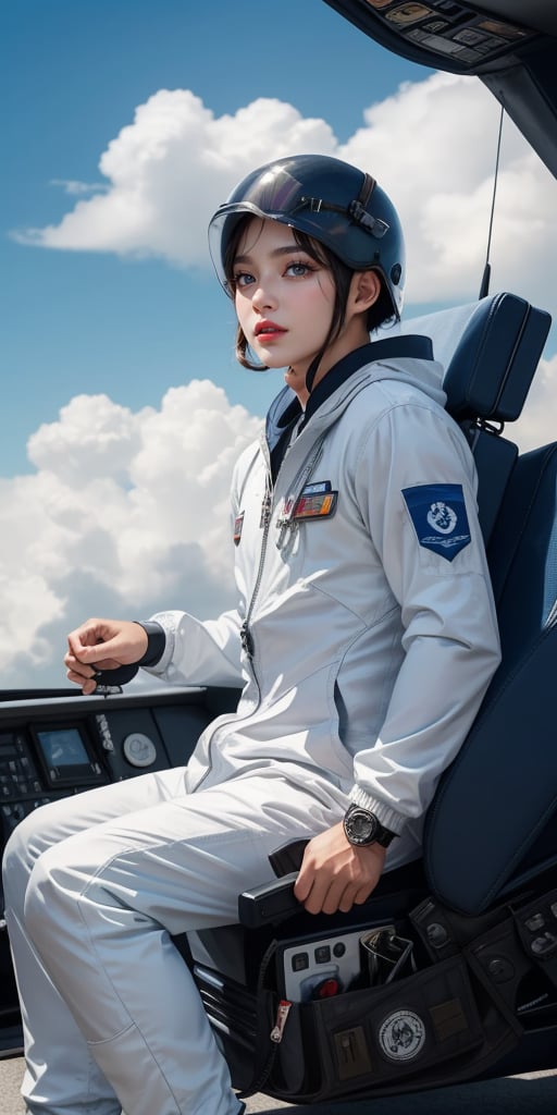 A Taiwanese man, wearing a white technical flight suit, is sitting in a fighter plane and operating the fighter plane in the air. He is wearing a helmet and smiling at the camera. The background is blue sky and white clouds. He is wearing a white flight suit, with real skin and exquisite body. Effects, Ready for Mission, Highly Detailed Textures, Shallow Depth of Field, Vibrant Colors, Thermal Realism, RAW, 16K, Masterpiece, Ultra HD, Full Body Shot, Sharp Focus, Professional, Bokeh, Hyperreal, Top Theatrical Lighting, Dynamic Shadows ,