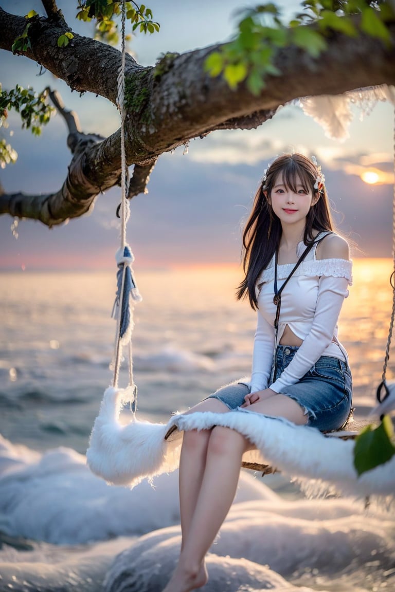 A Taiwanese girl, wearing a white off-shoulder top, short jeans, real skin style, smiling happily, delicate skin face, the focus is on the girl sitting on a swing suspended in the air, swinging on a large tree pole covered with vegetables, her toes almost touching the sea of ​​clouds, the breeze blowing her hair. The world is vast, the sun is warm, the beautiful scenery in front of her fills her heart with tranquility and leisure, panoramic view.