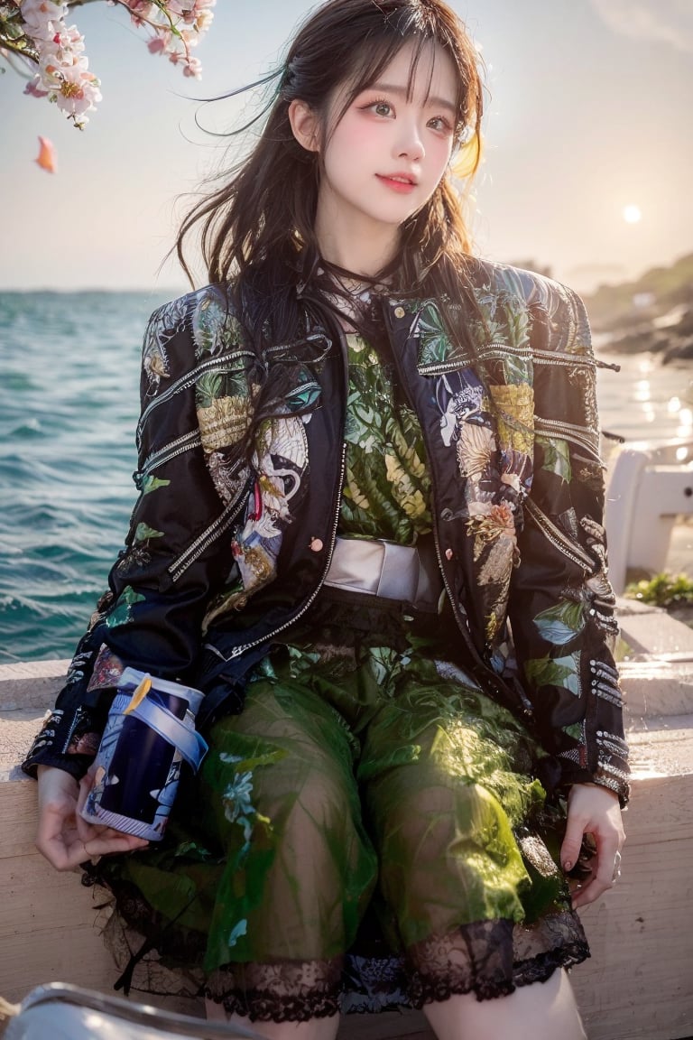 A Taiwanese girl, with real skin style, delicate face, majestic and proud upper body, ethereal and extraordinary feeling, wearing off-shoulder chiffon silk pajamas and a dreamy coat, in a warm morning, with a shy smile in spirit, sitting on the white beach, drinking coffee, with colorful petals flying around her, watching the yellow-blue light of sunrise, the bright green fields and blue sea, enjoying the feeling of being in a paradise at the moment