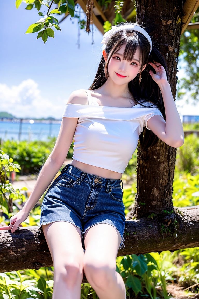 A Taiwanese girl, wearing a white off-shoulder top, short jeans, real skin style, smiling happily, delicate skin face, the focus is on the girl sitting on a swing suspended in the air, swinging on a large tree pole covered with vegetables, her toes almost touching the sea of ​​clouds, the breeze blowing her hair. The world is vast, the sun is warm, the beautiful scenery in front of her fills her heart with tranquility and leisure, panoramic view.