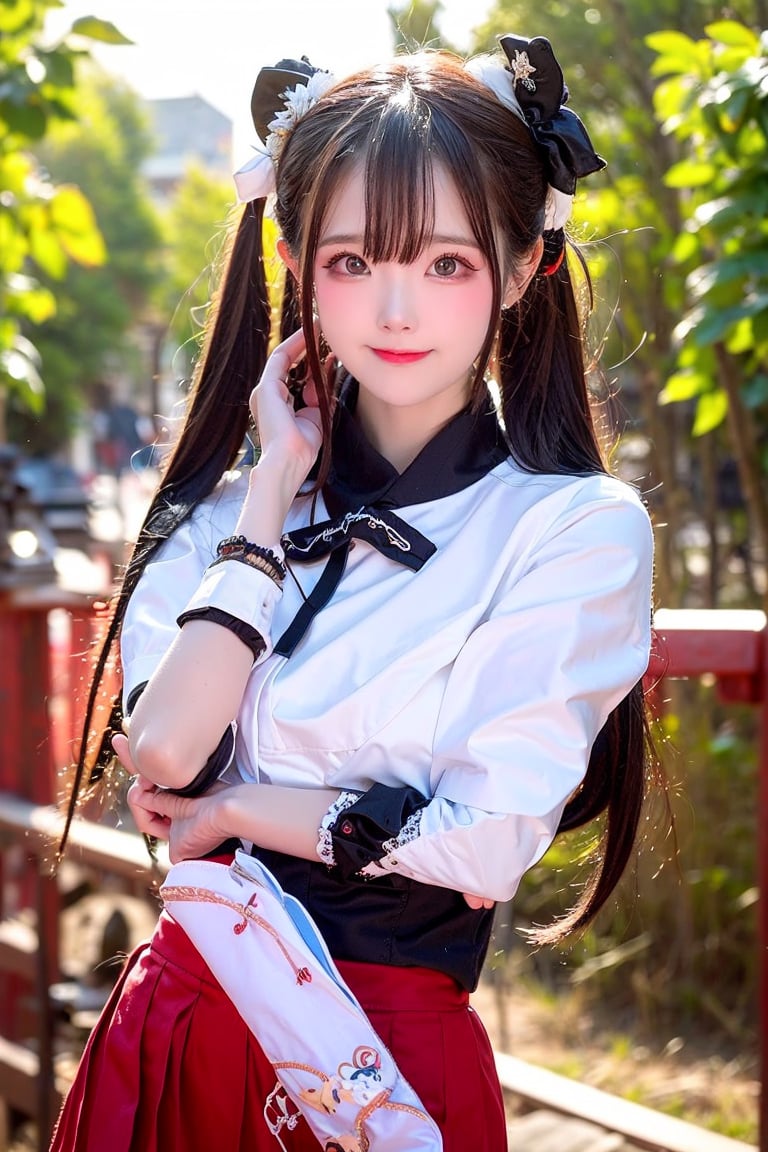 A 27-year-old Taiwanese girl, with a majestic bust, real skin style, delicate face, brown hair, cute European and Japanese girl, Internet idol, angelic face, wearing a plain stand-up collar short-sleeved shirt and a black pleated skirt, holding a book in her arms, looking pure, gentle and innocent, her squinting smiling eyes show her kindness, her expression comforts the viewer, brings joy and bright feelings, creates a beautiful day, she allows us to eliminate worries, drive away anxiety, full of positive atmosphere and energy, the background presents an ethereal and extraordinary feeling