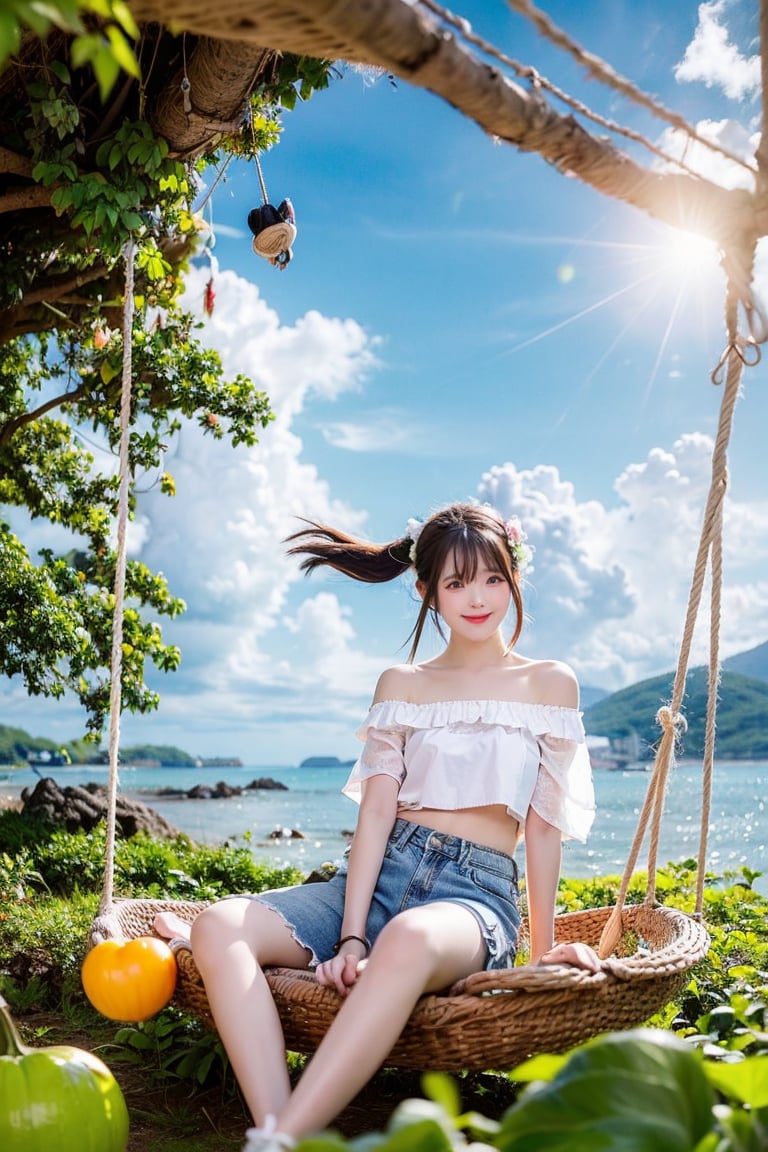 A Taiwanese girl, wearing a white off-shoulder top, short jeans, real skin style, smiling happily, delicate skin face, the focus is on the girl sitting on a swing suspended in the air, swinging on a large tree pole covered with vegetables, her toes almost touching the sea of ​​clouds, the breeze blowing her hair. The world is vast, the sun is warm, the beautiful scenery in front of her fills her heart with tranquility and leisure, panoramic view.