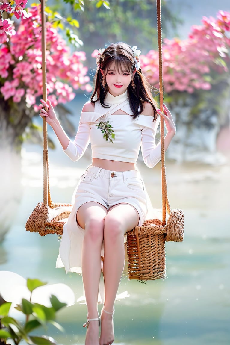 A Taiwanese girl, wearing a white off-shoulder chiffon dress, short jeans, real skin style, smiling happily, delicate skin face, the focus is on the girl sitting on a swing suspended in the air, swinging, there is a big tree pole covered with colorful beautiful flowers, petals flying around, clouds and mist lingering around, toes almost touching the sea of ​​clouds, breeze blowing her hair. The world is vast, the sun is warm, the beautiful scenery of mountains and seas in front of her fills her heart with tranquility and leisure, panoramic appearance, wide-angle lens shooting from bottom to top.