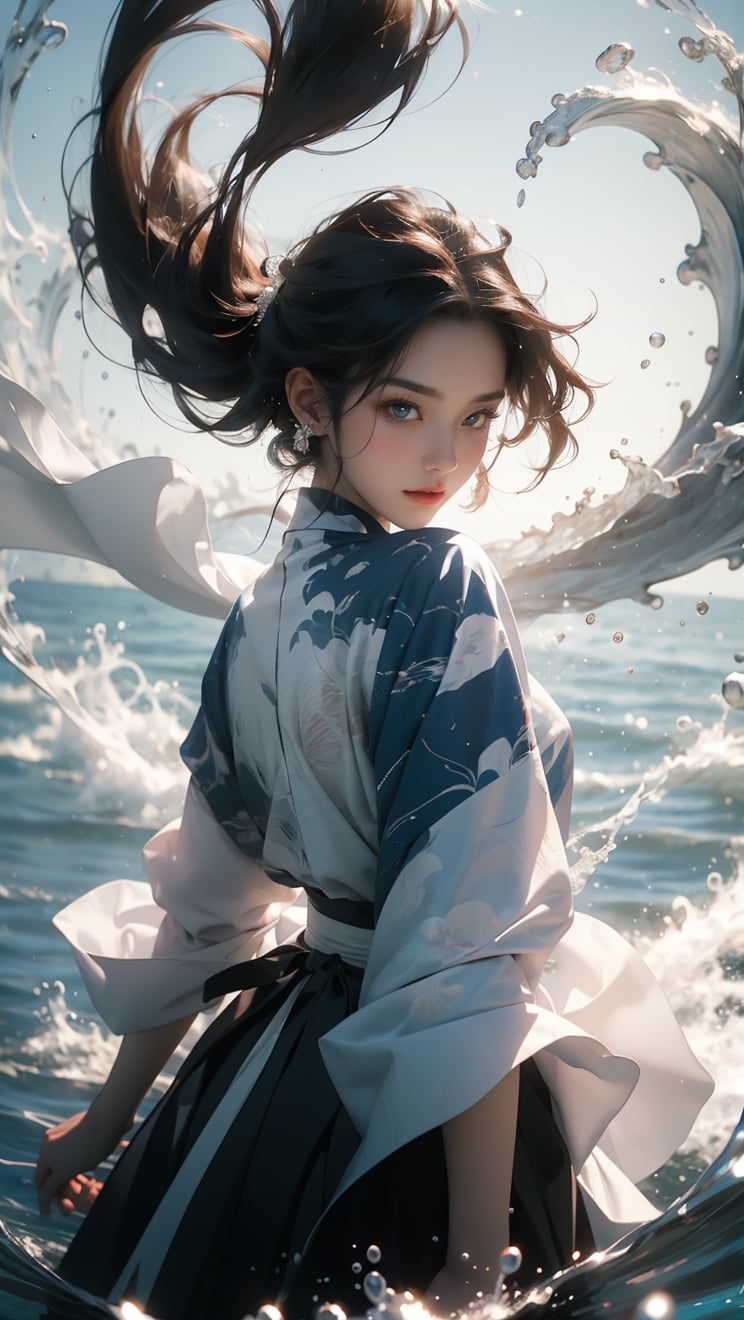 1girl, a Korean girl and Korean boy band, wearing a white gauze skirt, real-life fantasy photos, exquisite faces, the water surface splits two pictures, clearly photographing the underwater scenery of the characters, luminous particles fill the entire picture, starlight skirt, held up from the water The bride is getting up, the bride is smiling happily and has bright blue eyes,underwater,yushui,ink painting