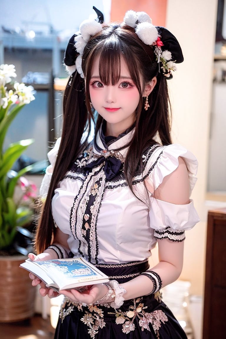 A 27-year-old Taiwanese girl, with a majestic bust, real skin style, delicate face, brown hair, cute European and Japanese girl, Internet idol, angelic face, wearing a plain stand-up collar short-sleeved shirt and a black pleated skirt, holding a book in her arms, looking pure, gentle and innocent, her squinting smiling eyes show her kindness, her expression comforts the viewer, brings joy and bright feelings, creates a beautiful day, she allows us to eliminate worries, drive away anxiety, full of positive atmosphere and energy, the background presents an ethereal and extraordinary feeling