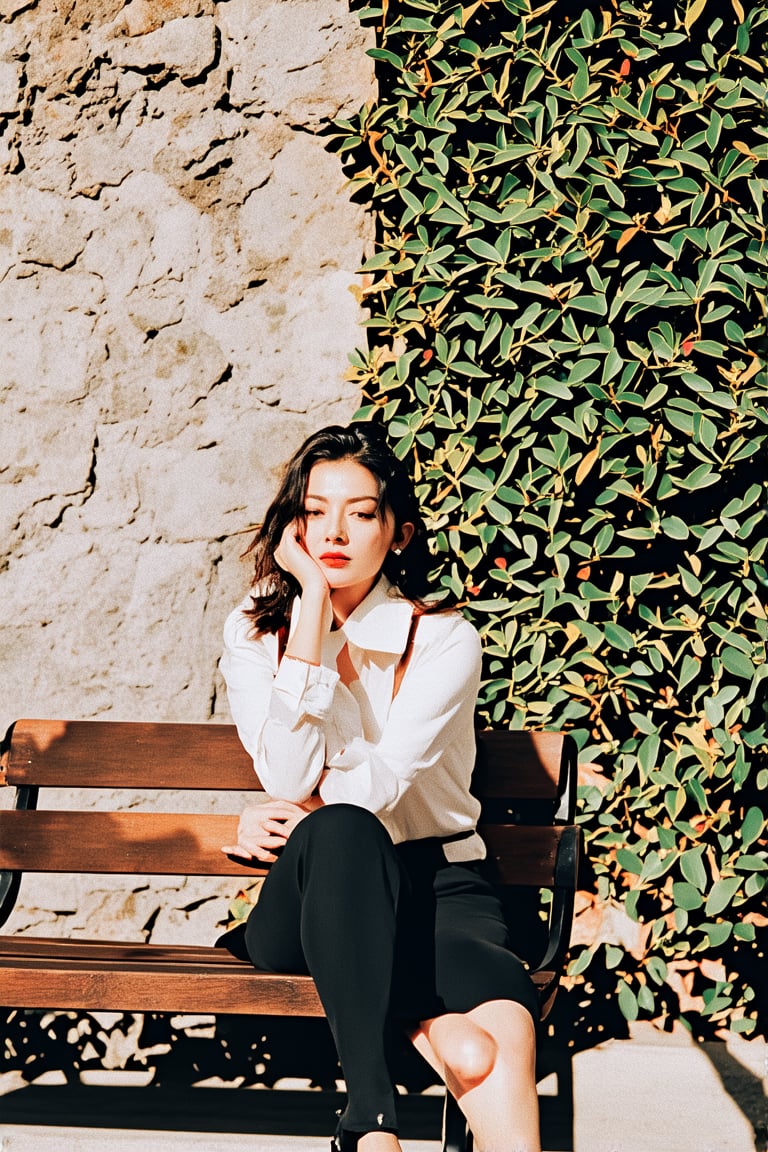 A solo portrait of a single girl, positioned in a subtle candid moment, sitting on a worn wooden bench with a weathered stone wall behind her. Soft natural light filters through the afternoon sun, casting a warm glow on her relaxed features and tousled hair. The framing captures her introspective gaze, as she leans slightly forward, her elbows resting on her knees, surrounded by lush greenery.