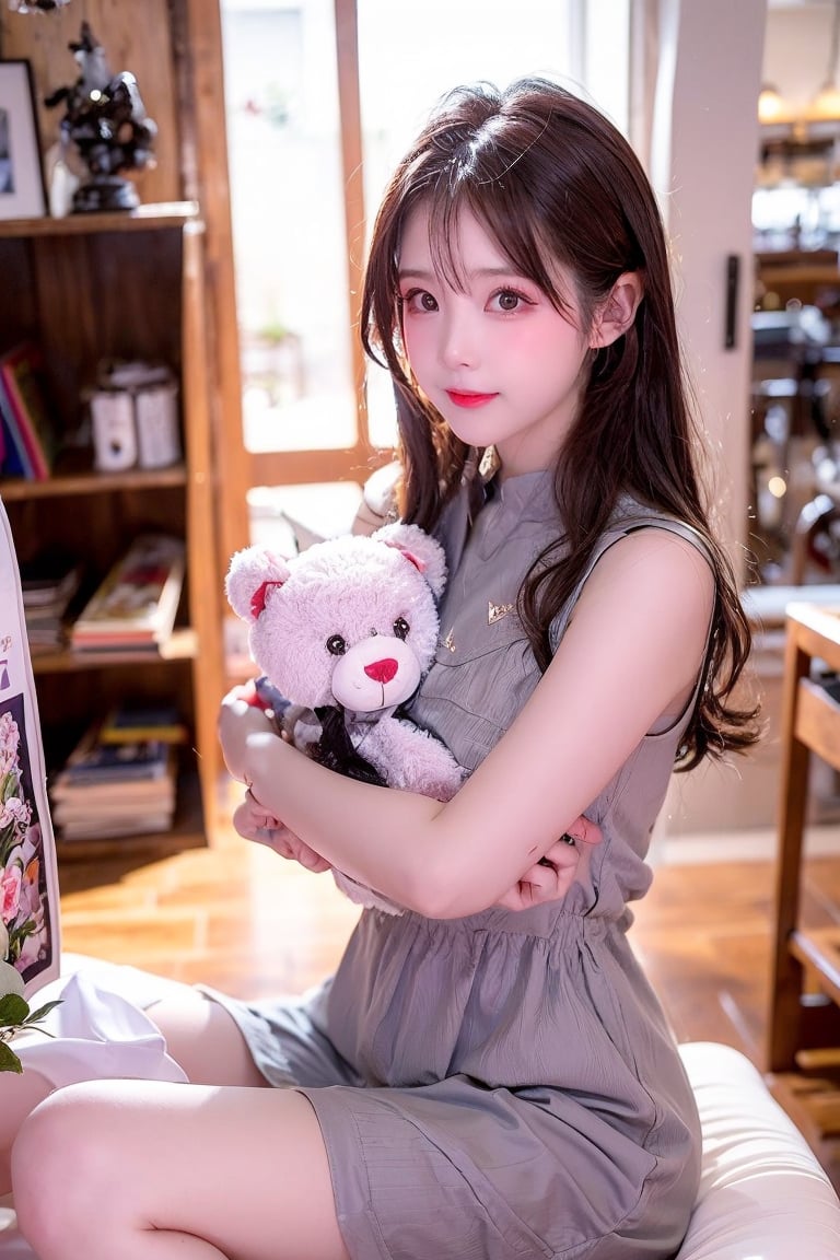 A 27-year-old Taiwanese girl, with a majestic bust, real skin style, delicate face, brown hair, cute European and Japanese girl, Internet idol, angelic face, wearing a plain stand-up collar short-sleeved shirt and a black pleated skirt, holding a book in her arms, looking pure, gentle and innocent, her squinting smiling eyes show her kindness, her expression comforts the viewer, brings joy and bright feelings, creates a beautiful day, she allows us to eliminate worries, drive away anxiety, full of positive atmosphere and energy, the background presents an ethereal and extraordinary feeling