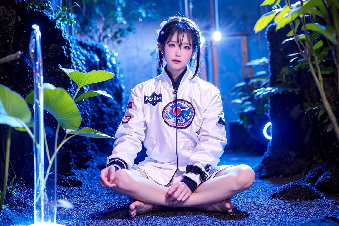 A Taiwanese man, wearing a white flight jacket with the Taiwanese flag printed on it, real skin style, exquisite skin, began to retreat, sitting cross-legged to rest his body with his hands in lotus position, the background is the cosmic blue backlight, the ethereal environment, and there are white spirits around him