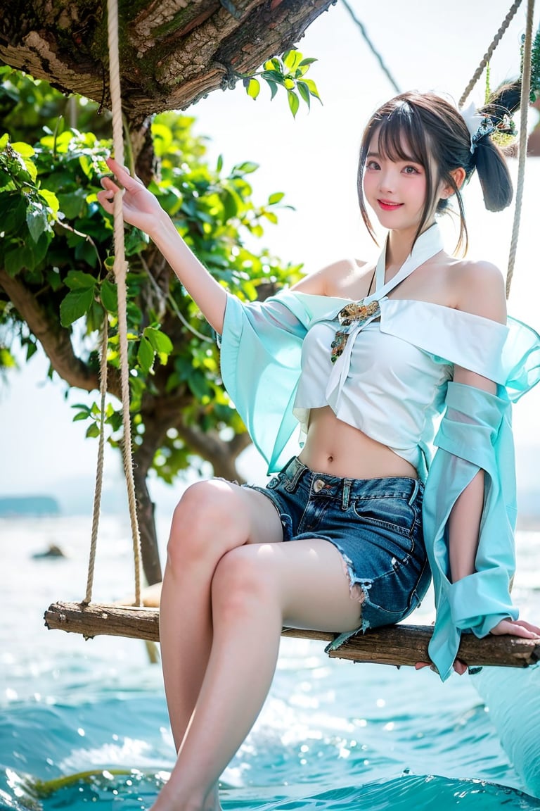 A Taiwanese girl, wearing a white off-shoulder top, short jeans, real skin style, smiling happily, delicate skin face, the focus is on the girl sitting on a swing suspended in the air, swinging on a large tree pole covered with vegetables, her toes almost touching the sea of ​​clouds, the breeze blowing her hair. The world is vast, the sun is warm, the beautiful scenery in front of her fills her heart with tranquility and leisure, panoramic view.