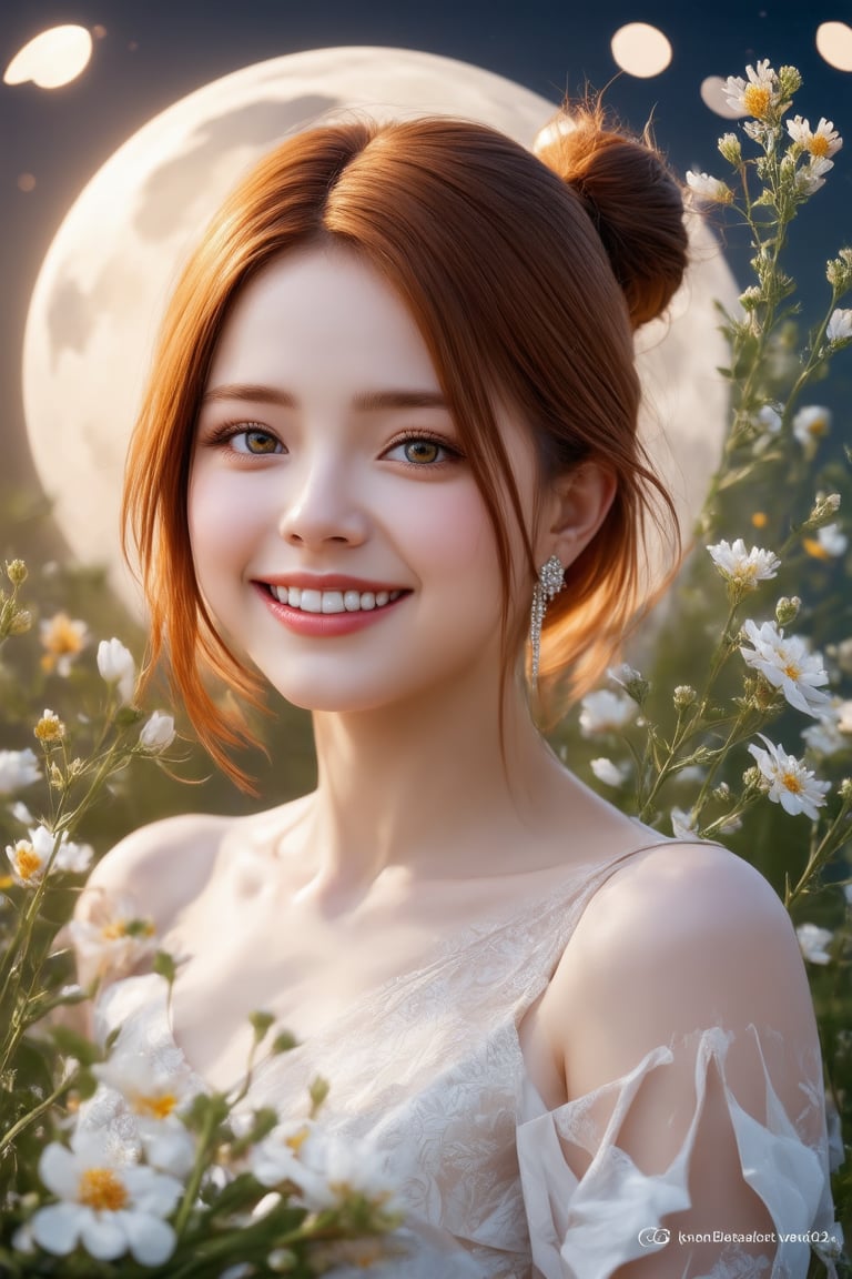 (1girl, smile, face focus, bun hair, perfect face, medium shot, gracefully, golden petals and green flowers form intricate patterns against the backdrop of the moon, reminiscent of the styles of South Korean Super Star), Detailed texture, High quality, High resolution, High precision, Realism, Color correction, Proper lighting settings, Harmonious composition, Behance Works,detail-rendering,Realistic Enhance,redhead. The warm, golden light casts a flattering glow on her porcelain skin, while the subtle bokeh of out-of-focus flowers creates a dreamy atmosphere.