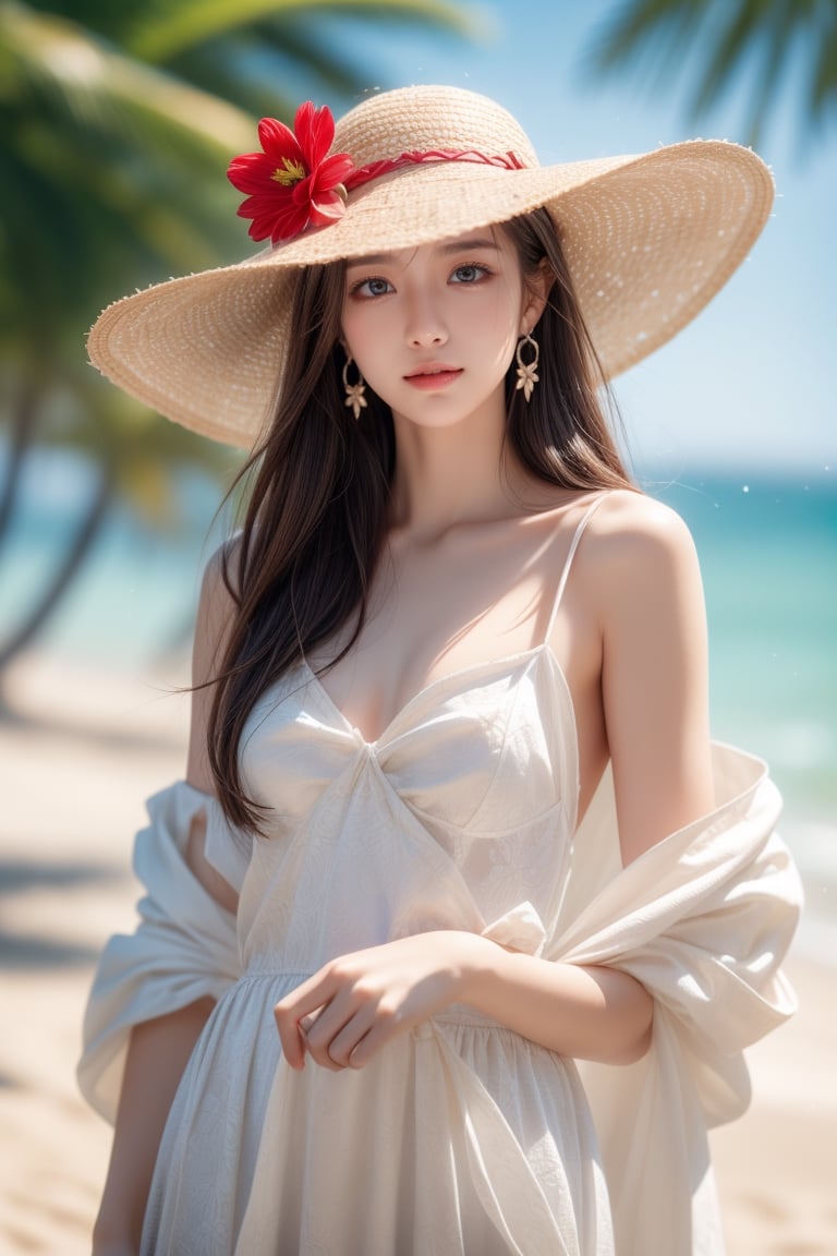 background is beach,sand,tropical forest,
20 yo, 1 girl, beautiful korean girl,standing,
wearing white simple summer dress(red flower pattern,strap),cloth flowing by wind, hold women hat with hands,smile, solo, {beautiful and detailed eyes}, dark eyes, calm expression, delicate facial features, ((model pose)), Glamor body type, (dark hair:1.2), simple tiny earrings, flim grain, realhands, masterpiece, Best Quality, 16k, photorealistic, ultra-detailed, finely detailed, high resolution, perfect dynamic composition, beautiful detailed eyes, eye smile, ((nervous and embarrassed)), sharp-focus, full_body, cowboy_shot,