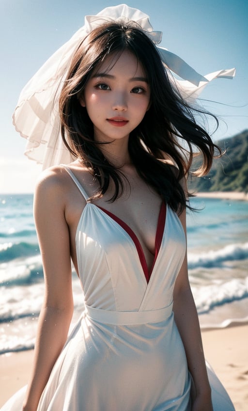 A Taiwanese girl, wearing a black and white wedding dress, poses and moves to form a story layer by layer, with real skin effects, clear facial features, happy smile, pristine beach, soft sand and gentle waves.  The blue ocean feels completely transparent.  Oversized red ribbons wrap around the body, fluttering in the imaginary wind.  The sky and the sea merge into one.  Dreamy pastel shades are perfect for the beach, bright reds are perfect for ribbons.  Subtle watercolor texture, wet on wet technique.  A Magritte-esque juxtaposition of reality and fantasy.  Thought-provoking and whimsical scenes